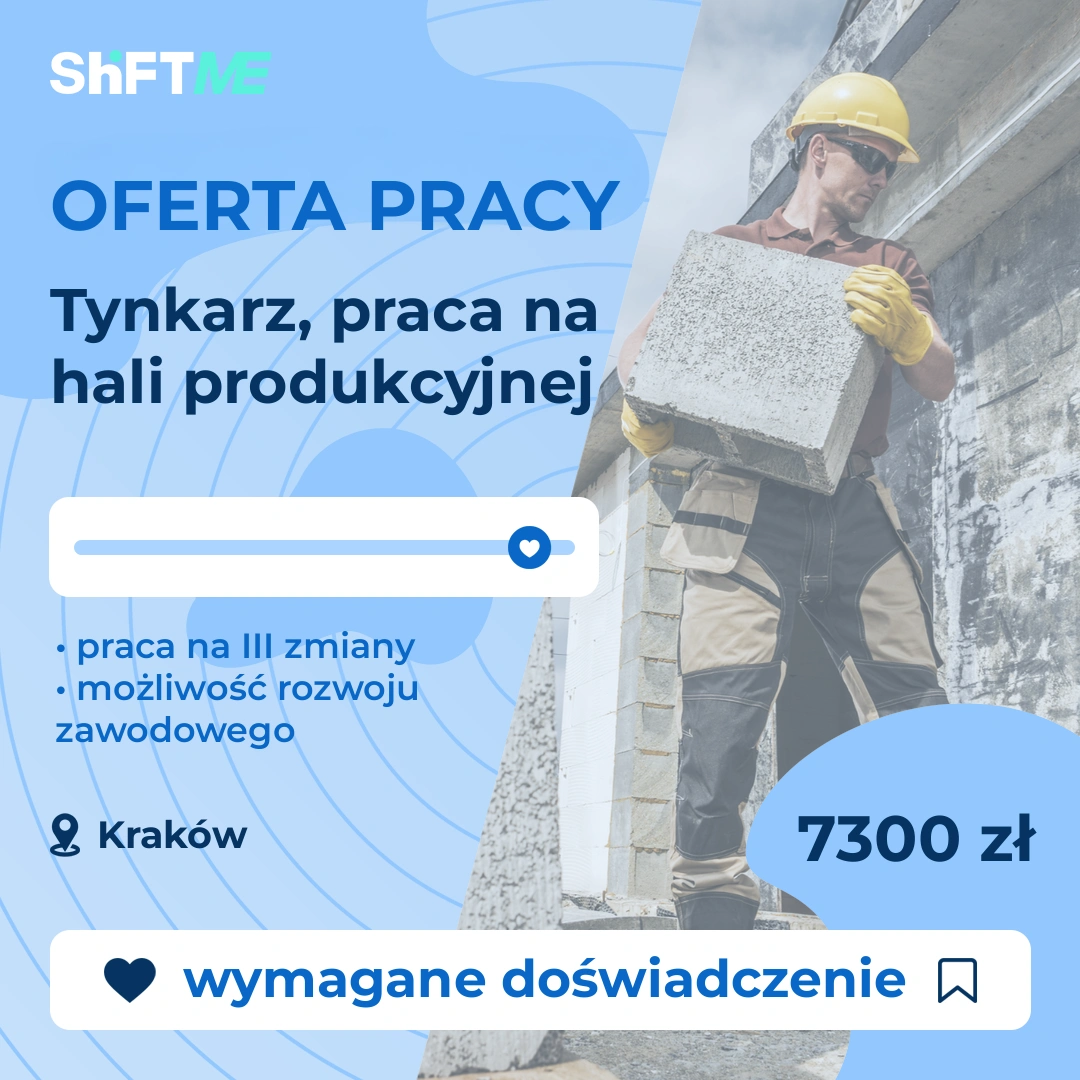 Oferta pracy Tynkarz, praca na hali produkcyjnej Kraków, s001g-1qhm-pl